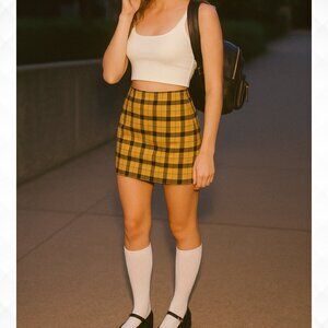 Clueless Yellow Plaid bodycon skirt Mini Skirt College Style Bodycon Skirt- Sz S